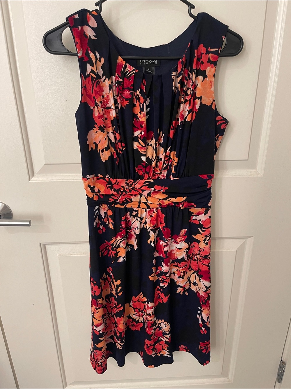 Enfocus Studio Navy Floral Midi Dress with Pink and Orange Bloom